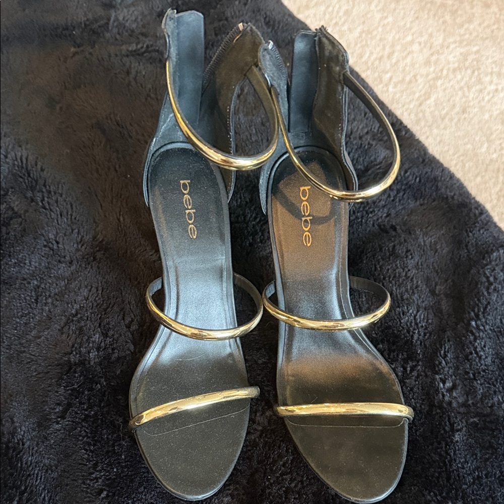 Bebe Black Heels with Gold Straps